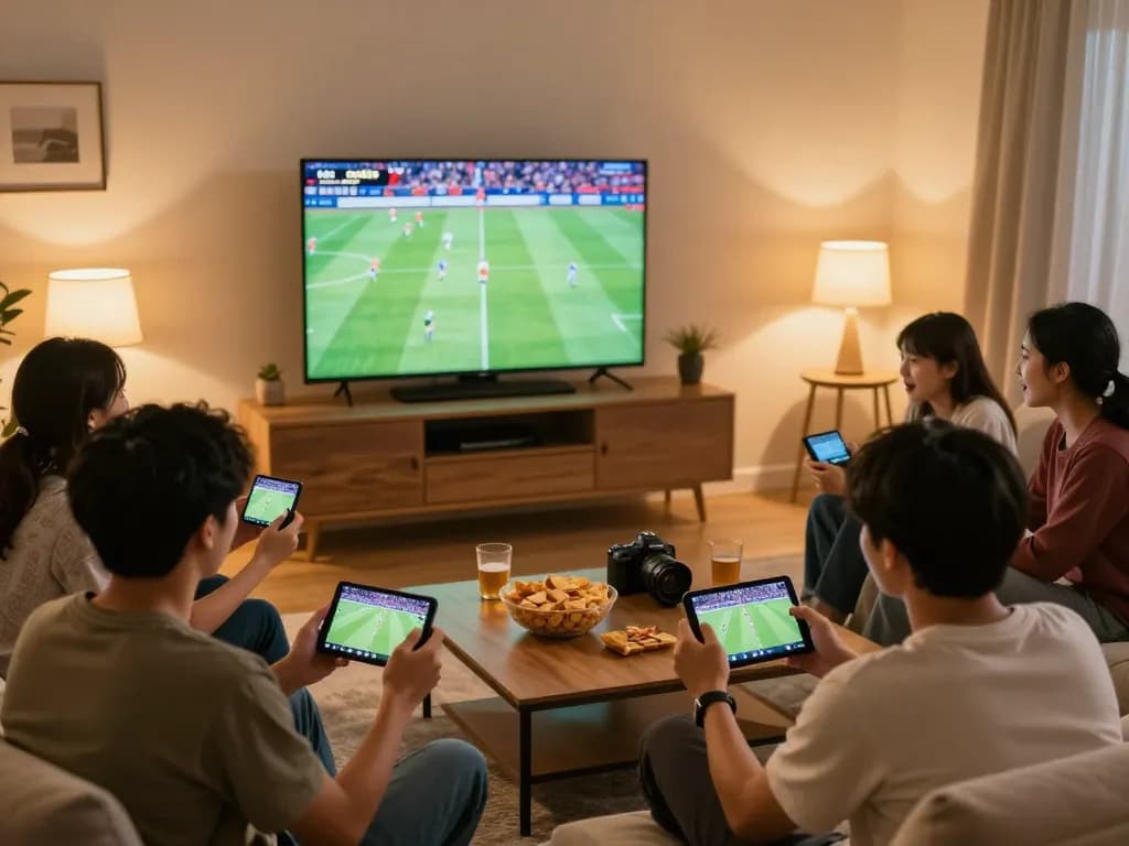 Enjoying footbal stream Cakhiatv in a lively home setting with friends gathered for the match.