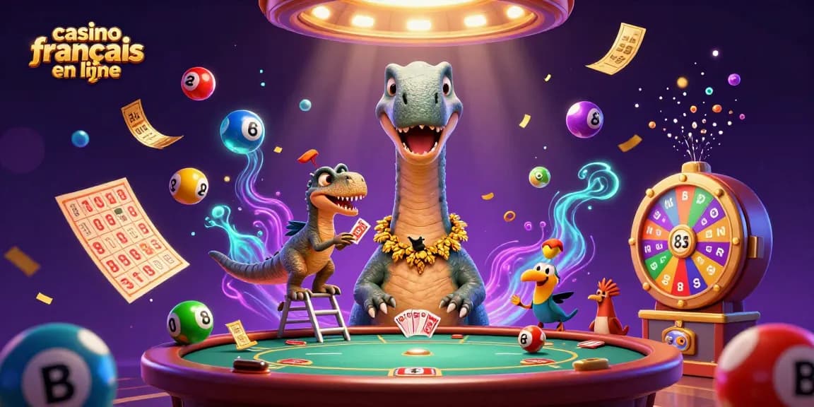 Illustration d'un casino français en ligne avec un brontosaurus et un raptor animant une table de poker.