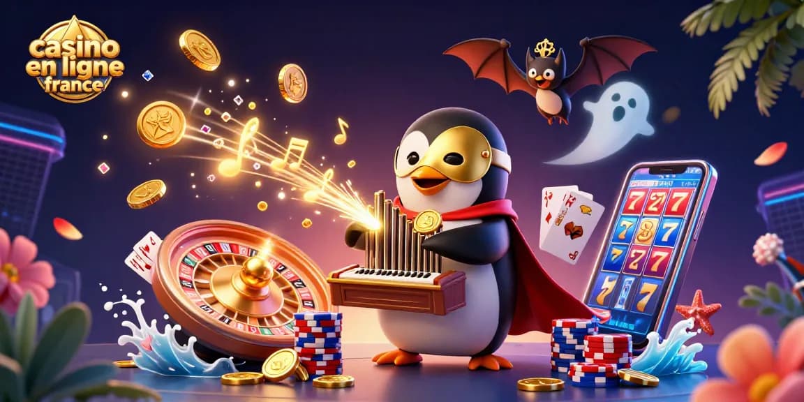 Plongez dans le monde du casino en ligne France avec un pingouin jouant du pipeau et des pièces dorées volantes.