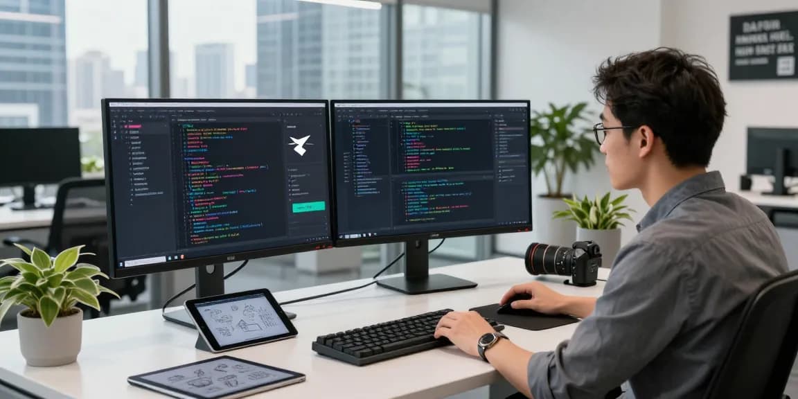 Workspace showcasing the developer creating 纸飞机中文版 app interface in a modern tech office.