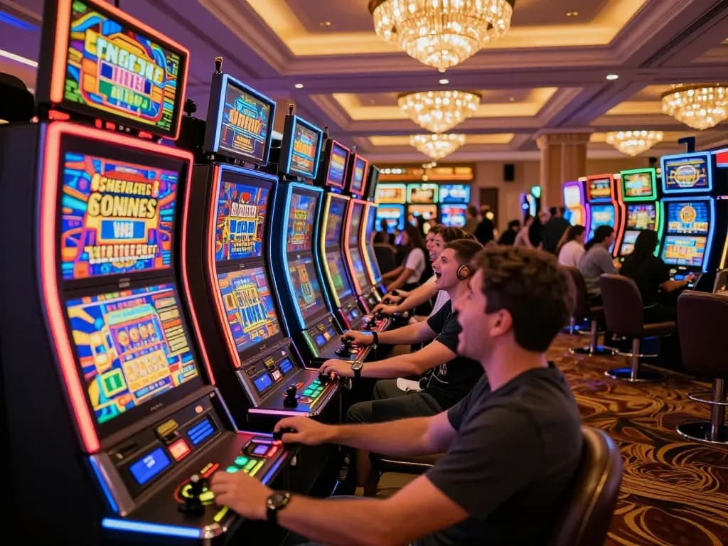 Players enjoying slot games in a vibrant casino, showcasing excitement and colorful machines.