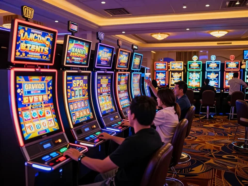 Players enjoying exhilarating link slot machines in a vibrant casino setting, celebrating wins and dynamic gameplay.