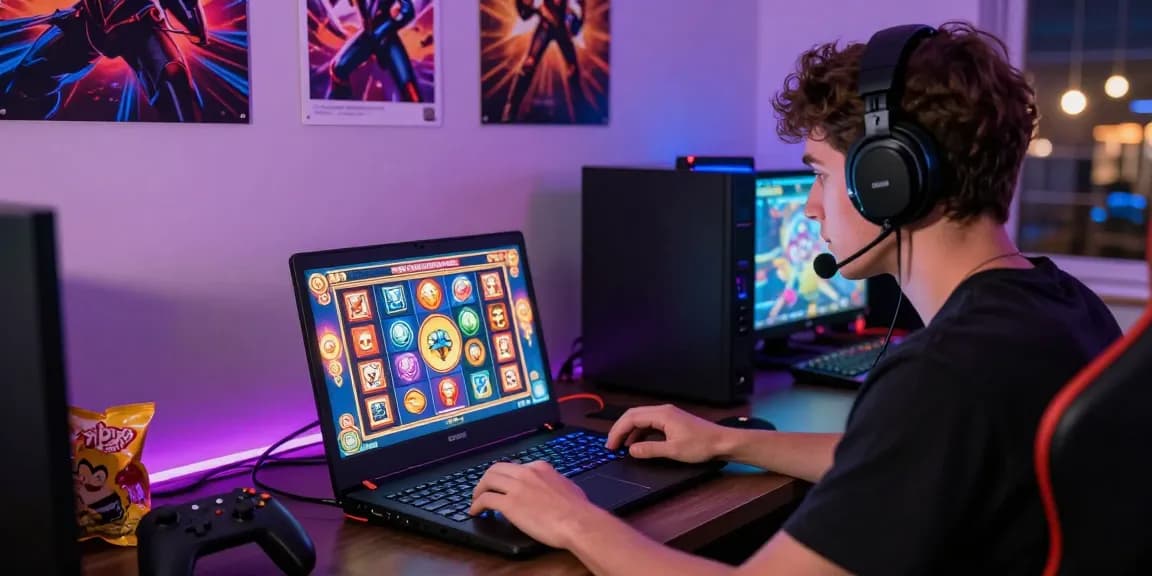 Engaged player enjoying slot dana games on laptop in vibrant home gaming setup