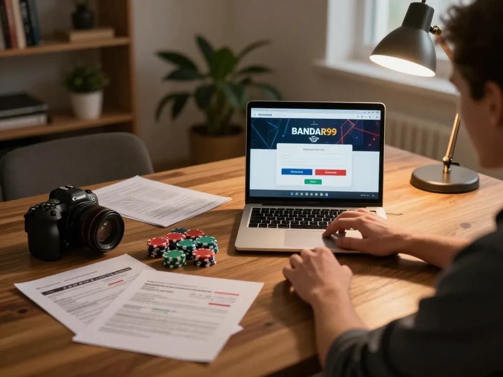 Engaging login bandar99 interface displayed on laptop surrounded by poker strategies in a cozy home office.