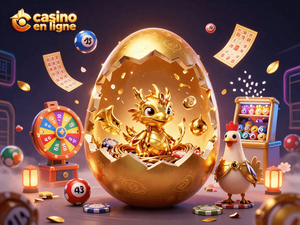 Découvrez l'univers captivant du casino en ligne avec un œuf d'or révélant un dragon fantastique et des jeux enchanteurs.