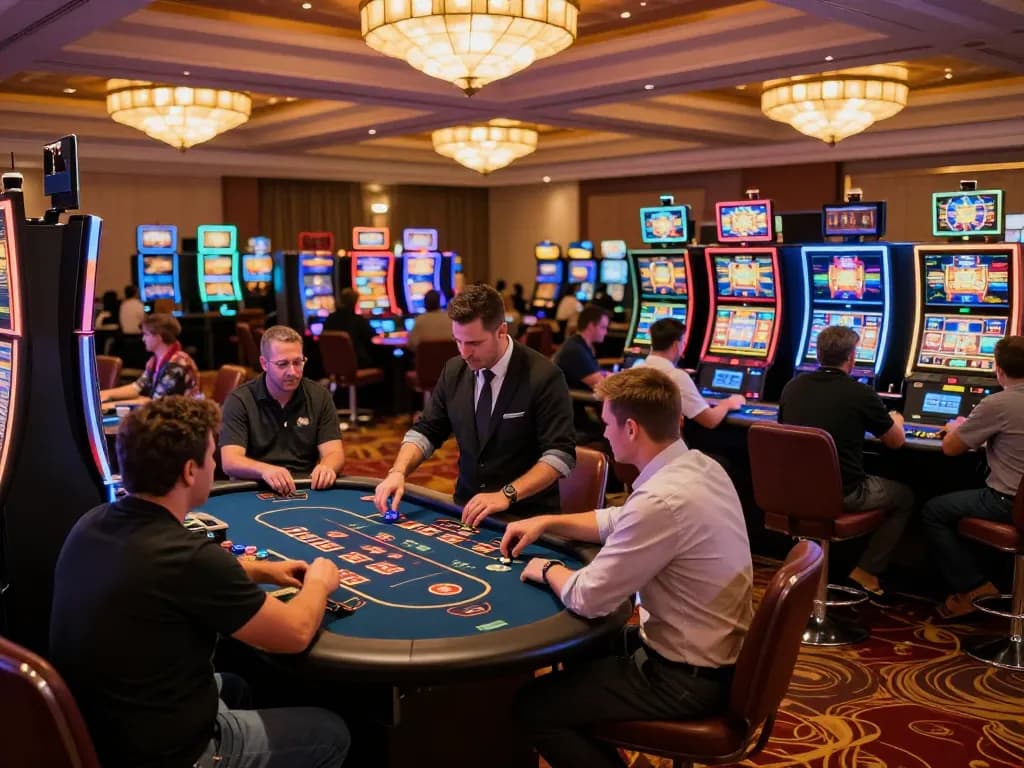 Players enjoying their time on the floor, playing 79king games under warm lighting in a luxurious casino.