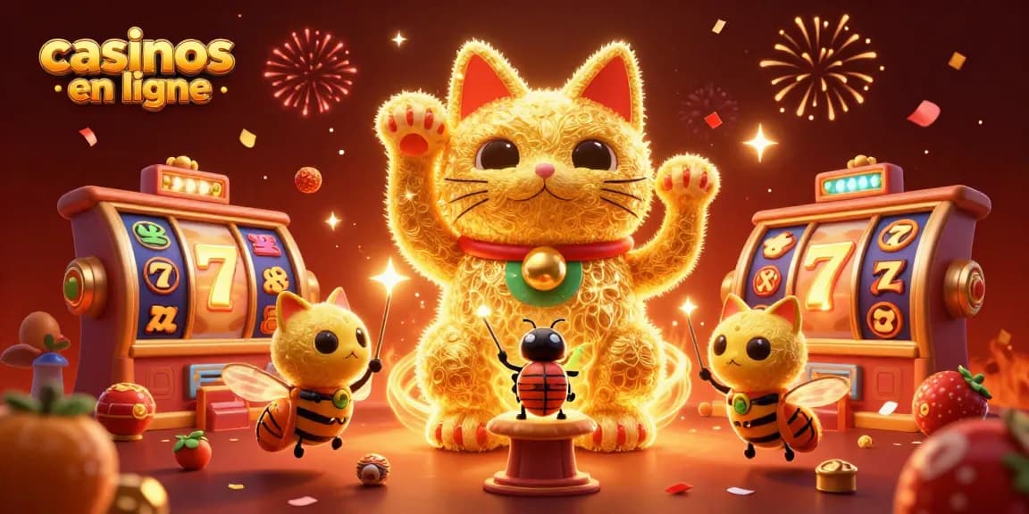 Vivez l'excitation des casinos en ligne avec ce chat porte-bonheur entouré de symboles de casino brillants.