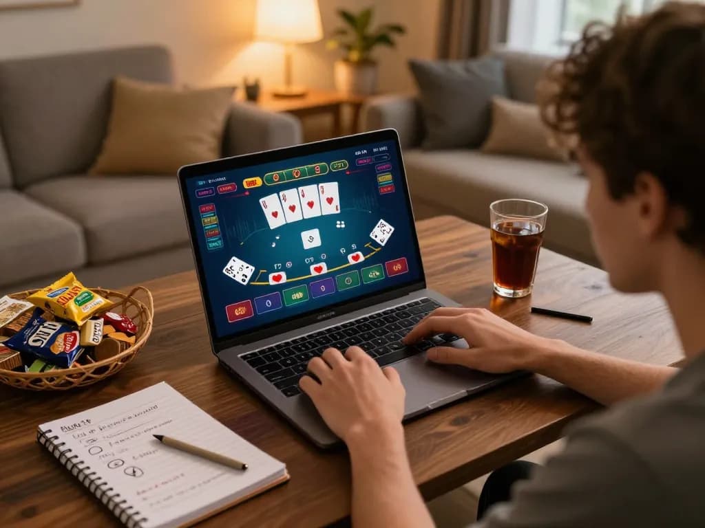 Engaging with blackjack on https://33cc.info/ during a cozy home gaming session with strategic notes.