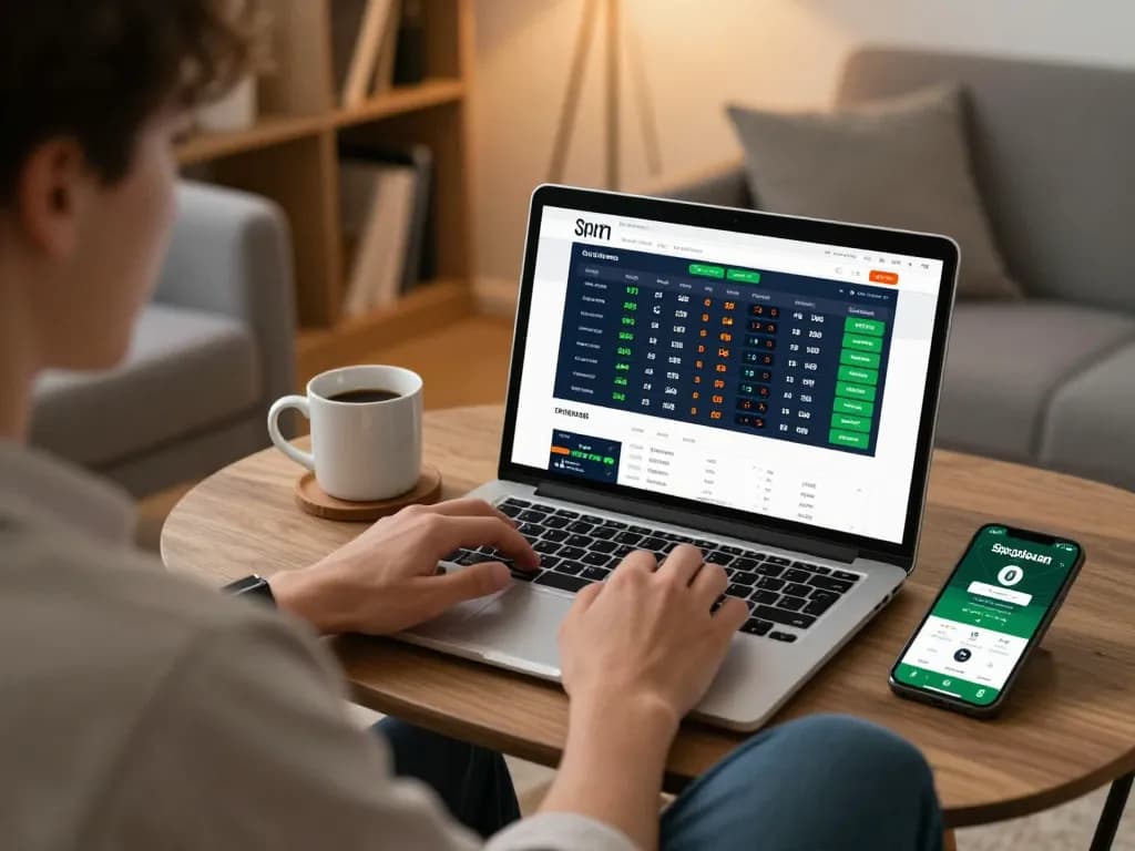 Bongdalu user analyzing betting odds and strategies at home, focused on laptop and smartphone.