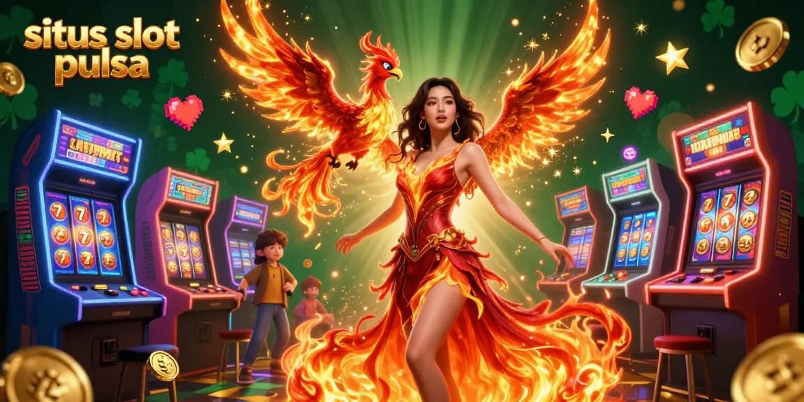 Play exciting games on situs slot pulsa with a vibrant digital illustration showcasing casino themes and action.