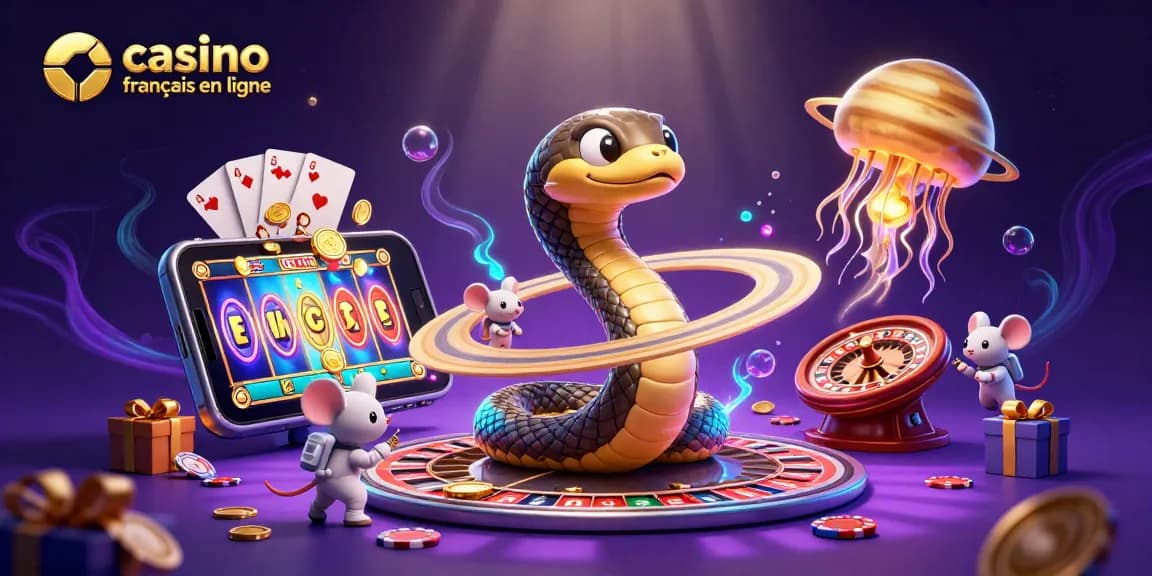 Le serpent d'anneaux de Saturne en roulette dans un casino francais en ligne lumineux avec des astronautes pariant.