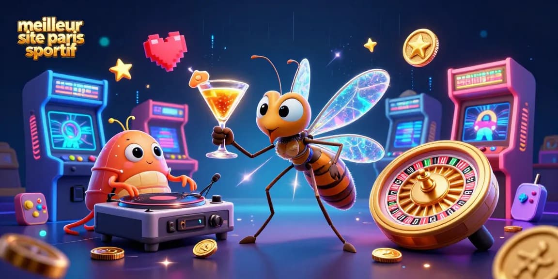 Le meilleur site de paris sportif avec un insecte mascotte en casino et éléments de jeu colorés.