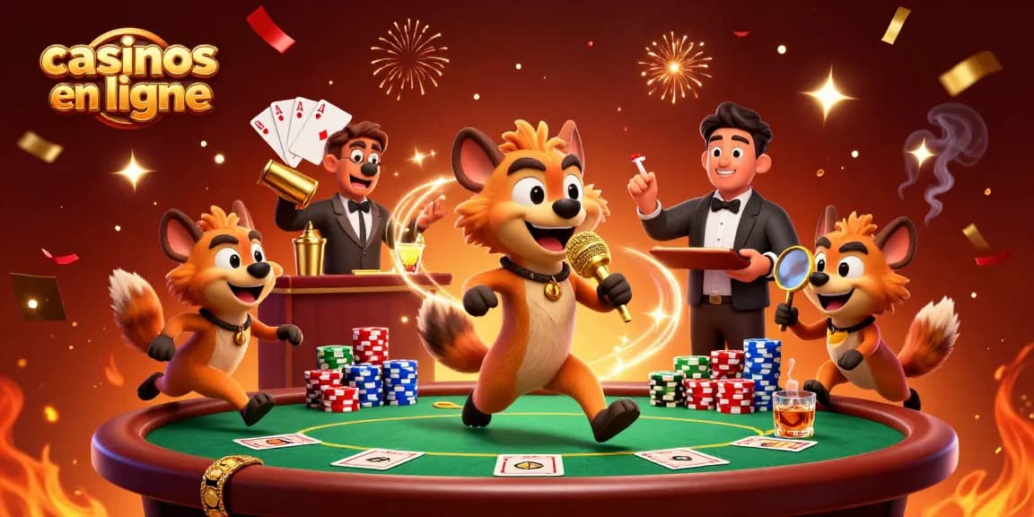 Découvrez les casinos en ligne avec des hyènes animées dans une scène dynamique de casino.