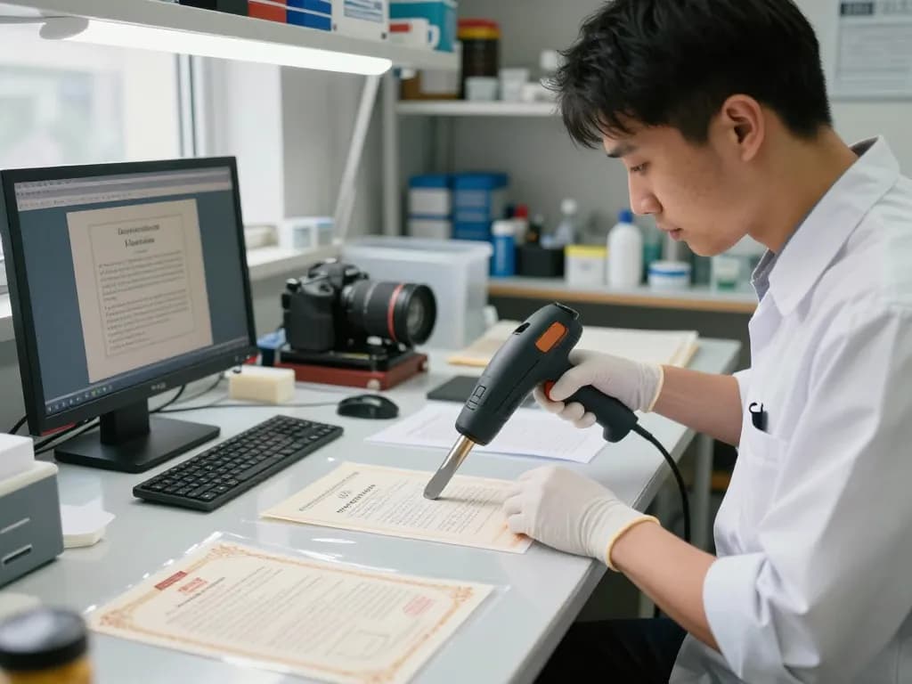 Cách tháo giấy ép nhựa by a technician in a professional workshop removing plastic lamination from important documents.