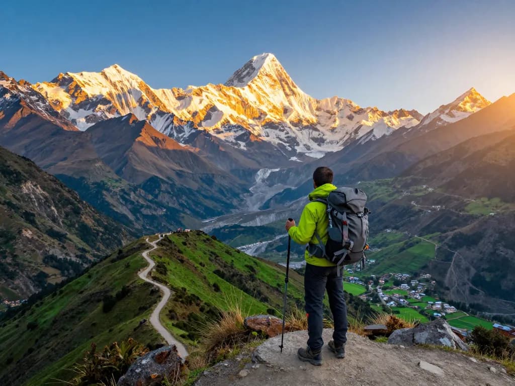 Annapurna Circuit trek scene with traveler at mountain viewpoint during sunset, showcasing majestic peaks and valley landscape.
