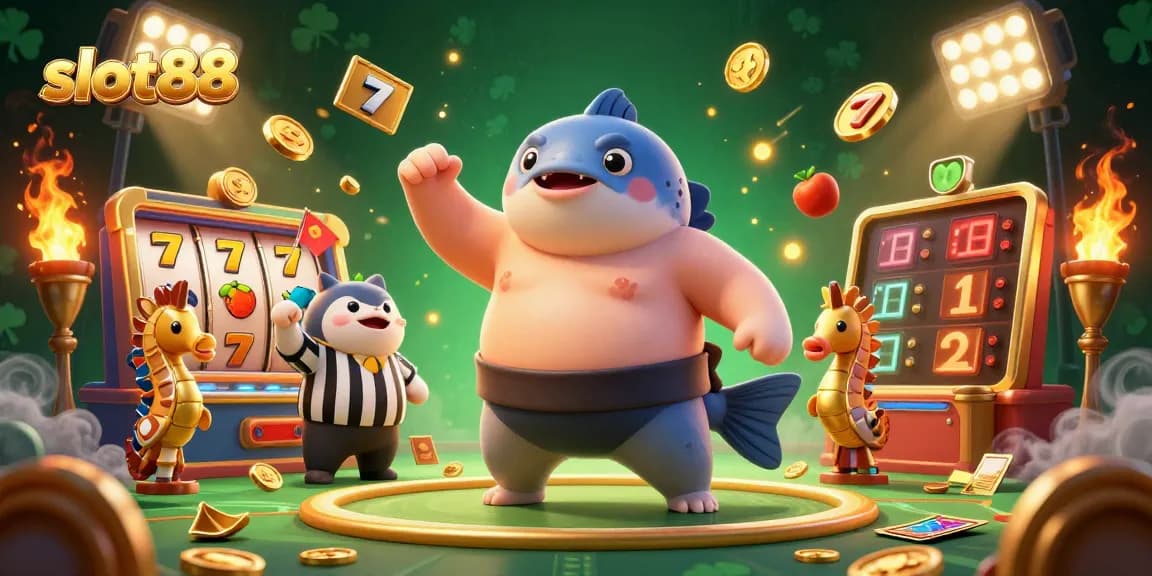 Engage in slot88 excitement with a giant fugu in a sumo arena amidst jackpot reels.
