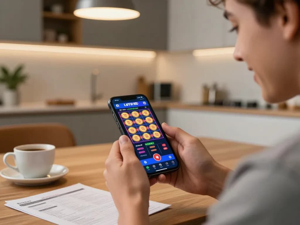 LOTO188 player engaging with smartphone app for betting in a modern home setting