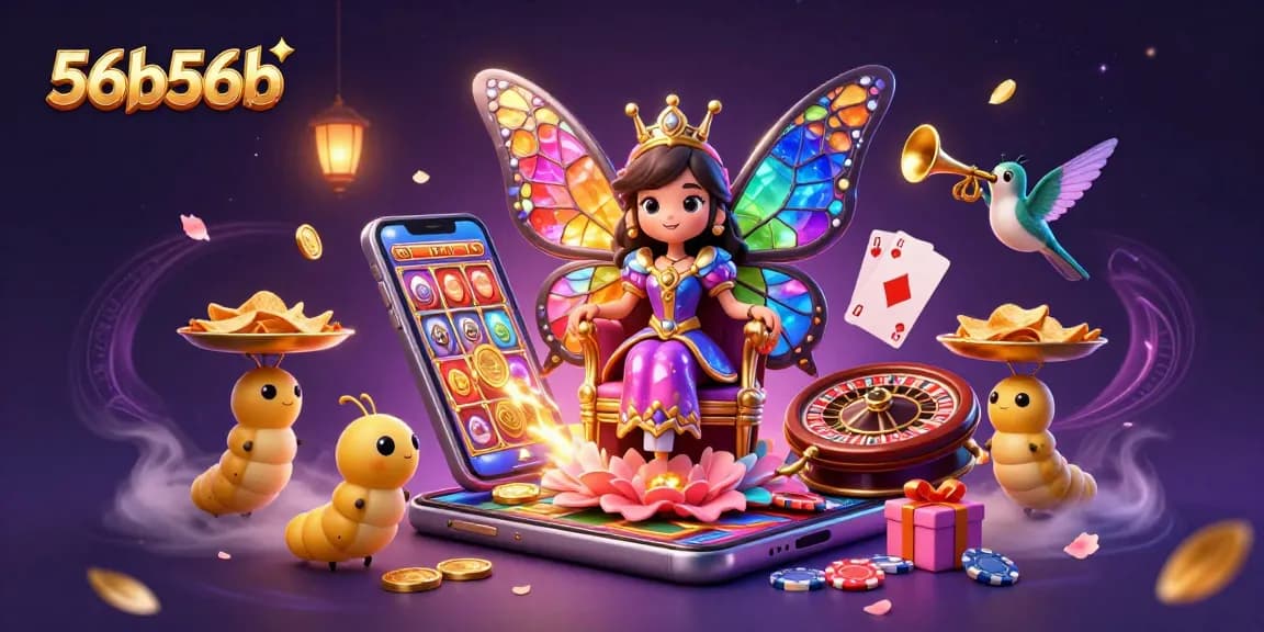 Experience the vibrant 56b56b casino world with a cartoon butterfly queen and dynamic gambling elements.