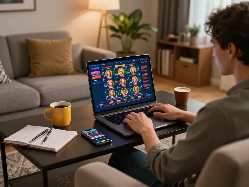 Player engaging with online casino on laptop, showing vibrant interface of 68gamebaivn games.