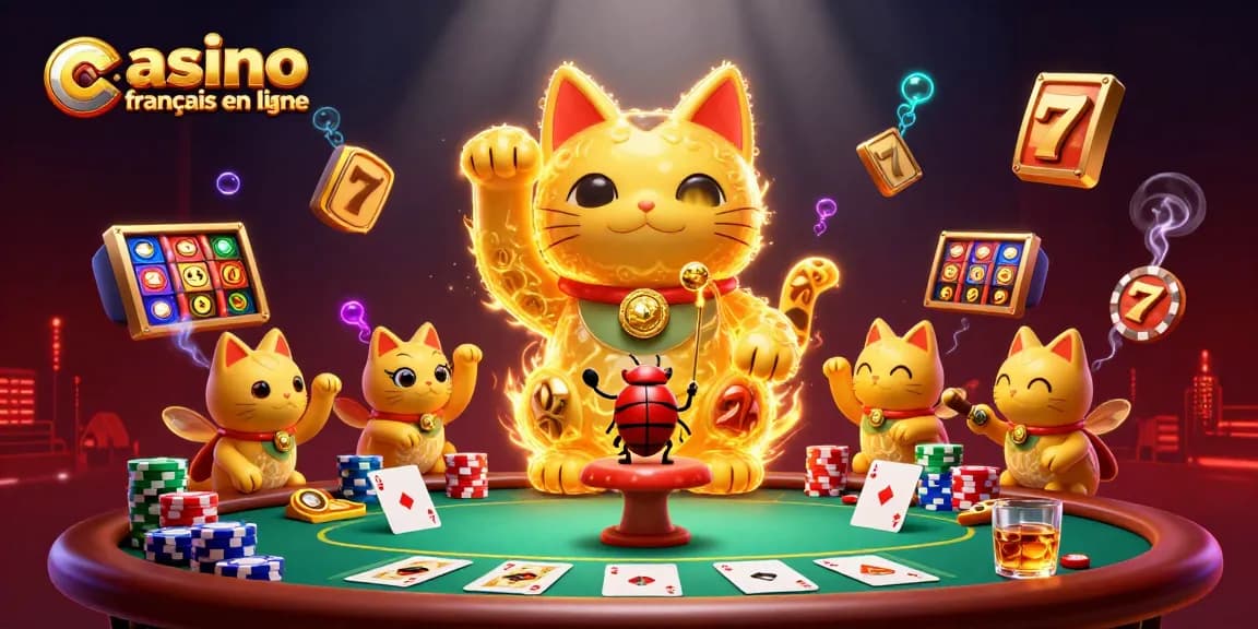 Jouez au casino français en ligne avec un chat porte-bonheur animé entouré de nombreux éléments de jeu excitants.