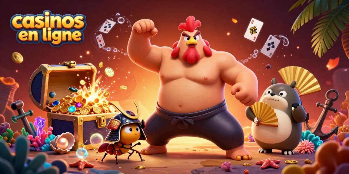 Illustration captivante représentant des casinos en ligne avec un sumo, un criquet et un tanuki autour d'éléments ludiques.