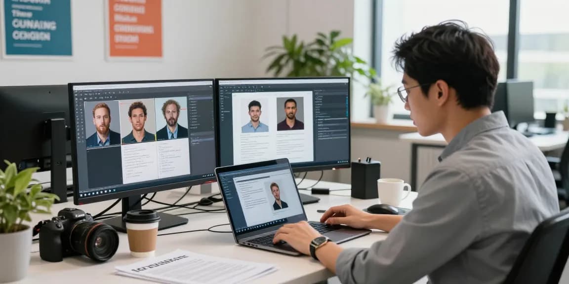 AI image detector workplace showing professional analyzing flagged content on monitors in a bright office setting.