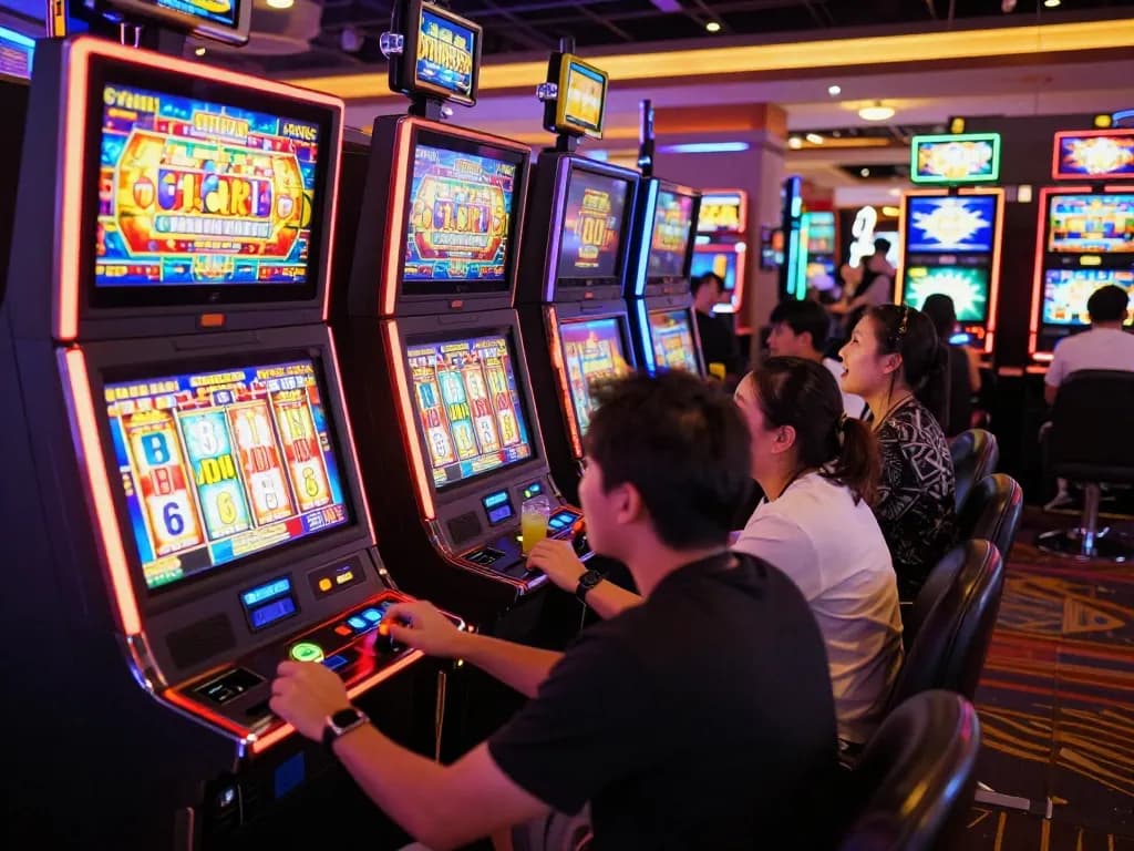 Players enjoying slot machines with vibrant graphics and exciting gameplay in a lively casino.