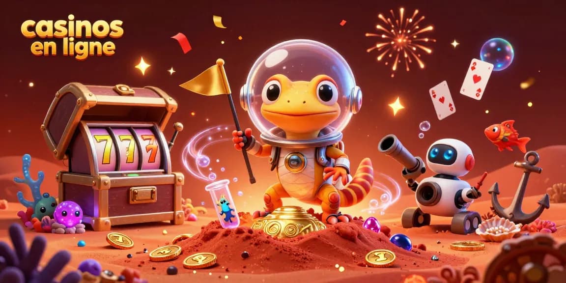 Plongez dans les casinos en ligne avec un gecko martien découvrant une salle de jeu dorée sur Mars.