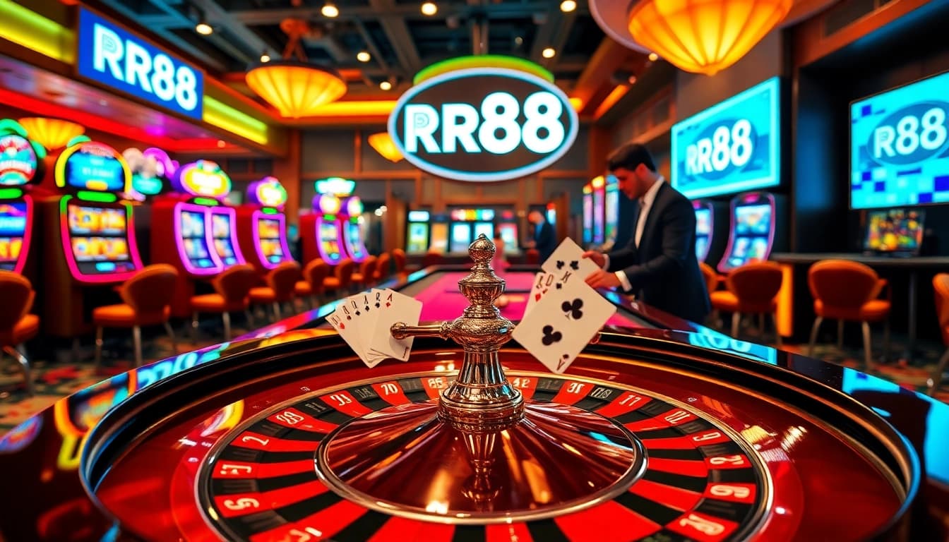Exciting gameplay at RR88 with roulette, cards, and vibrant casino atmosphere.