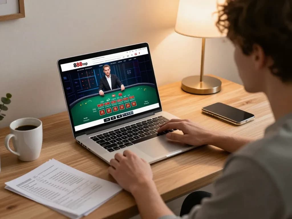 Player engaging with live dealer game on 888top’s online platform, showcasing responsible gaming.