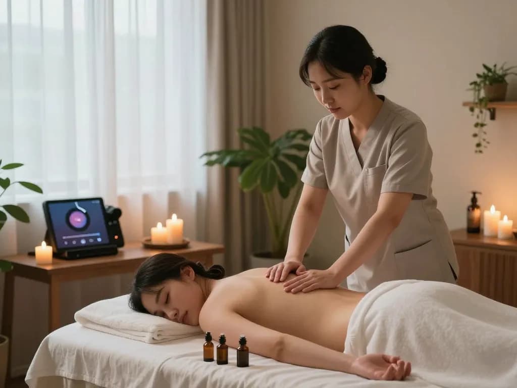 A serene spa massage room prepared for a 동대문스웨디시 session featuring lush greenery, aromatic oils, and soothing ambiance.