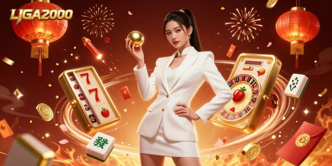Pengalaman slot LIGA2000 menampilkan seorang wanita percaya diri yang memegang bola roulette dikelilingi oleh elemen kasino yang memikat.