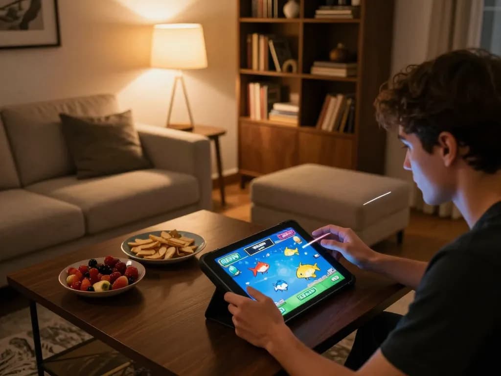 Player enjoying a 3D fish shooting game on G28 platform in a cozy home setting