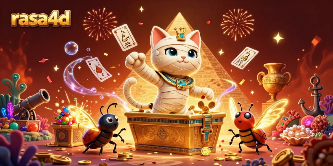 Rasa4d menampilkan karakter kucing mummy Mesir 3D dalam kasino piramida, dikelilingi harta karun dan efek magis.