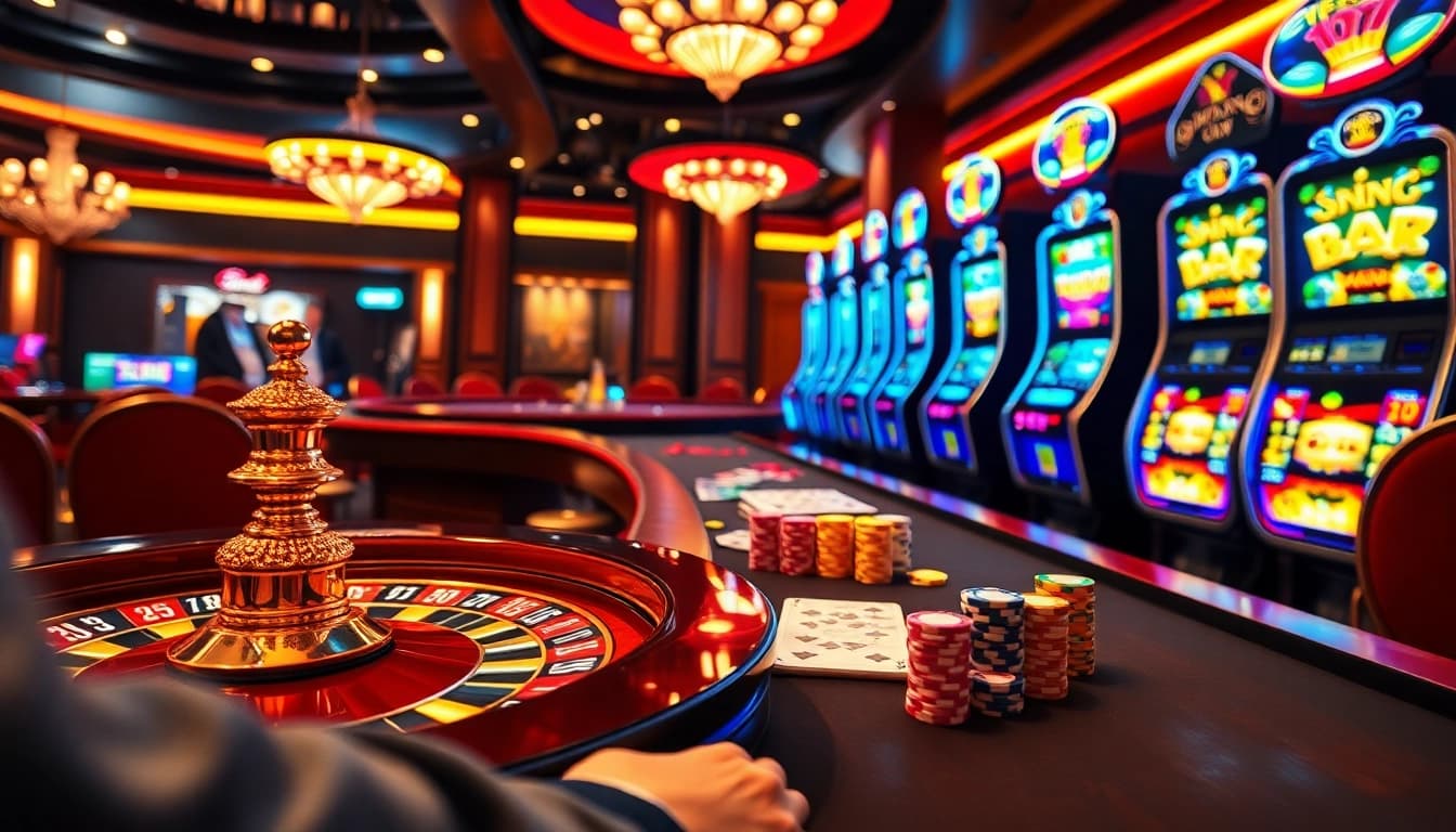 Découvrez l'excitation du casino en ligne Français avec des jetons de poker vibrants et une roulette en action.