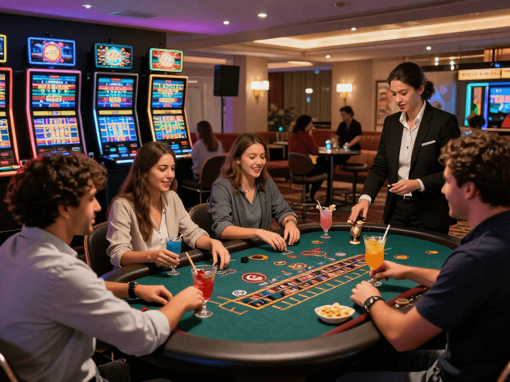 Scène de casino en ligne où des amis s'amusent autour des tables, reflétant l'excitation du jeu.