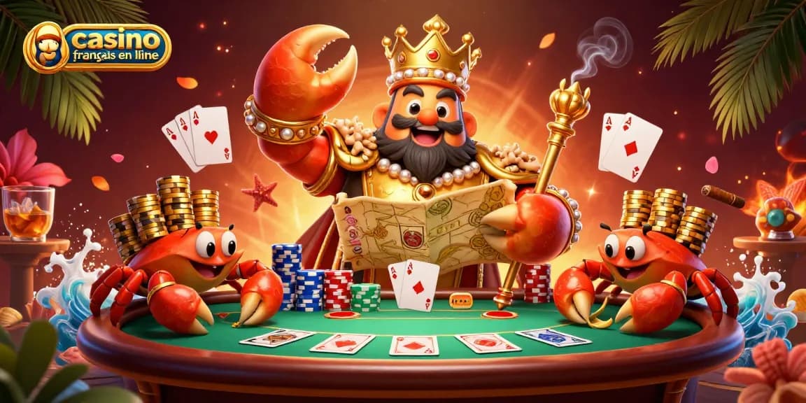 Jouer au casino français en ligne avec un crabe empereur et des éléments de poker colorés.
