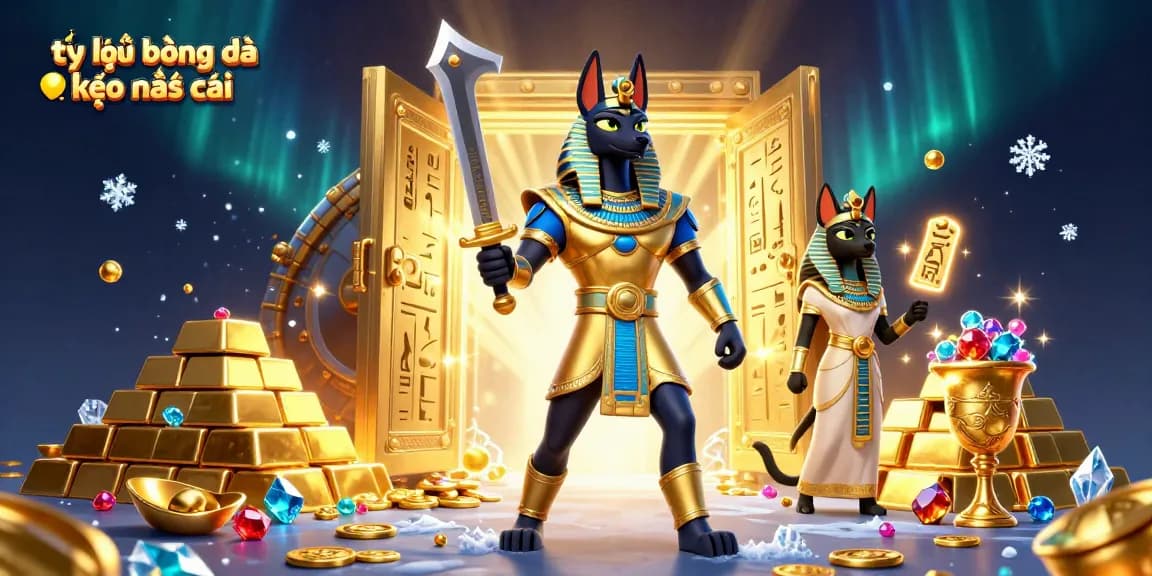 Bet and analyze tỷ lệ bóng đá kèo nhà cái with Anubis and Bastet in a dynamic casino scene.