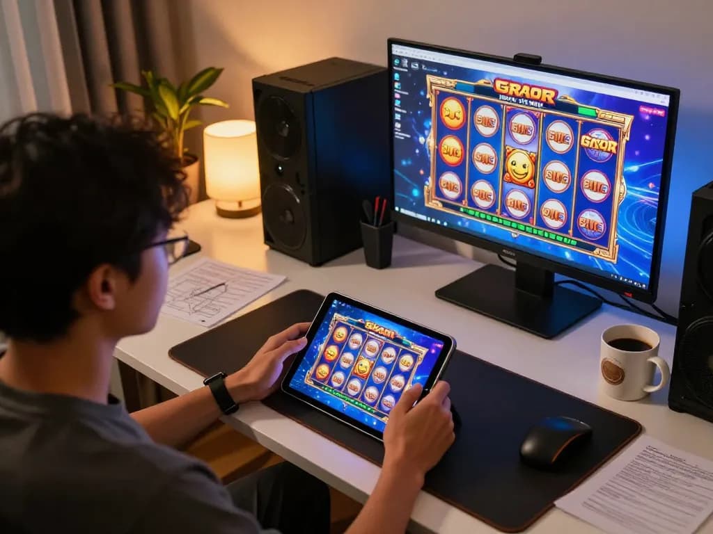 Engaging in slot gacor gameplay on a tablet with vibrant graphics in a cozy home setting
