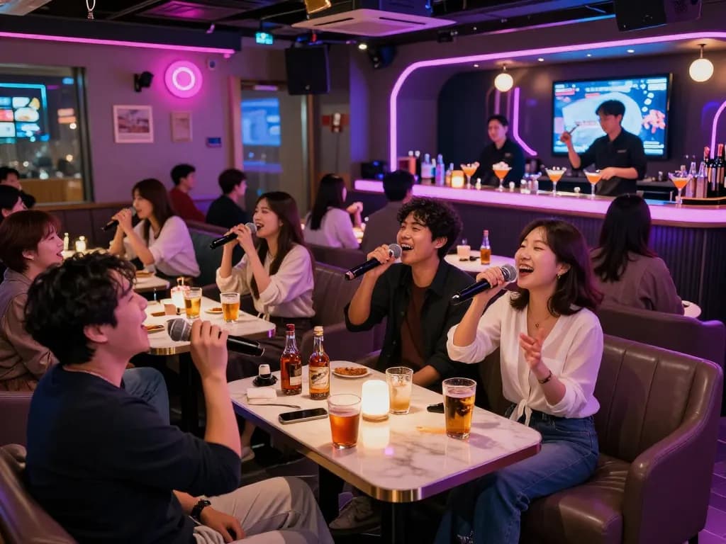 Jeju nightlife with lively karaoke atmosphere, showcasing 제주유흥 experiences in vibrant lounge setting.