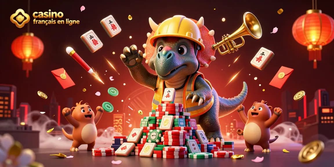 Plongez dans le monde du casino français en ligne avec un triceratops construisant une pyramide de jetons de poker en célébrant.