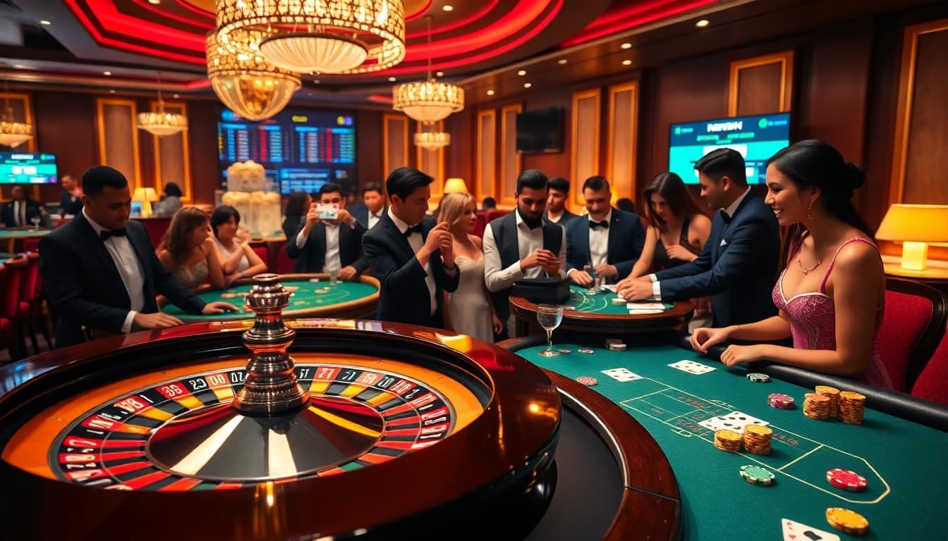 Mengundang para pemain di kasino mewah dengan meja roulette dan poker yang menampilkan strategi permainan Datukwin Alternatif.