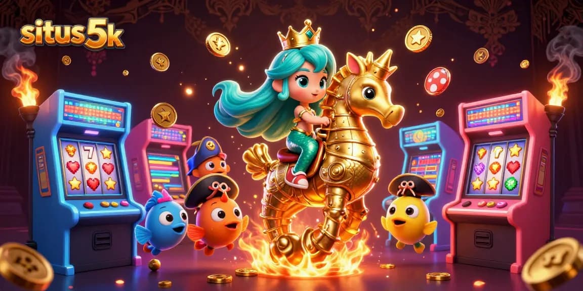 Engage in situs 5k thrills with a vibrant 3D casino illustration featuring a mermaid and golden seahorse.