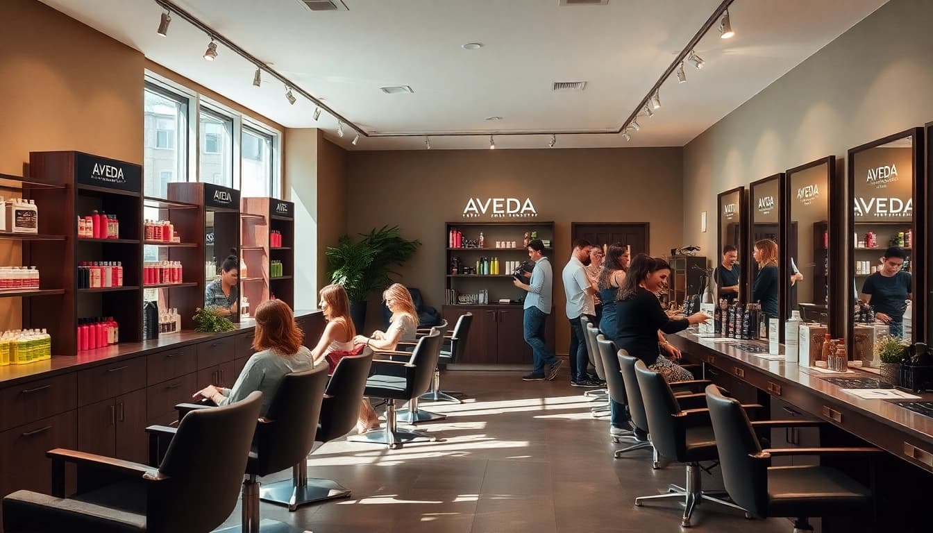 Aveda salon San Diego interior highlighting luxury services and happy clients.