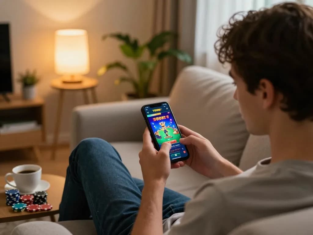Player engaging with the 789BET app on smartphone, showcasing mobile gaming excitement in a cozy home setup.