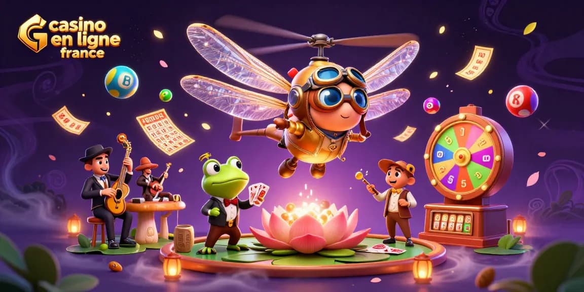 Plongez dans l'univers de casino en ligne France où un pilote libellule et un croupier grenouille divertissent les joueurs.
