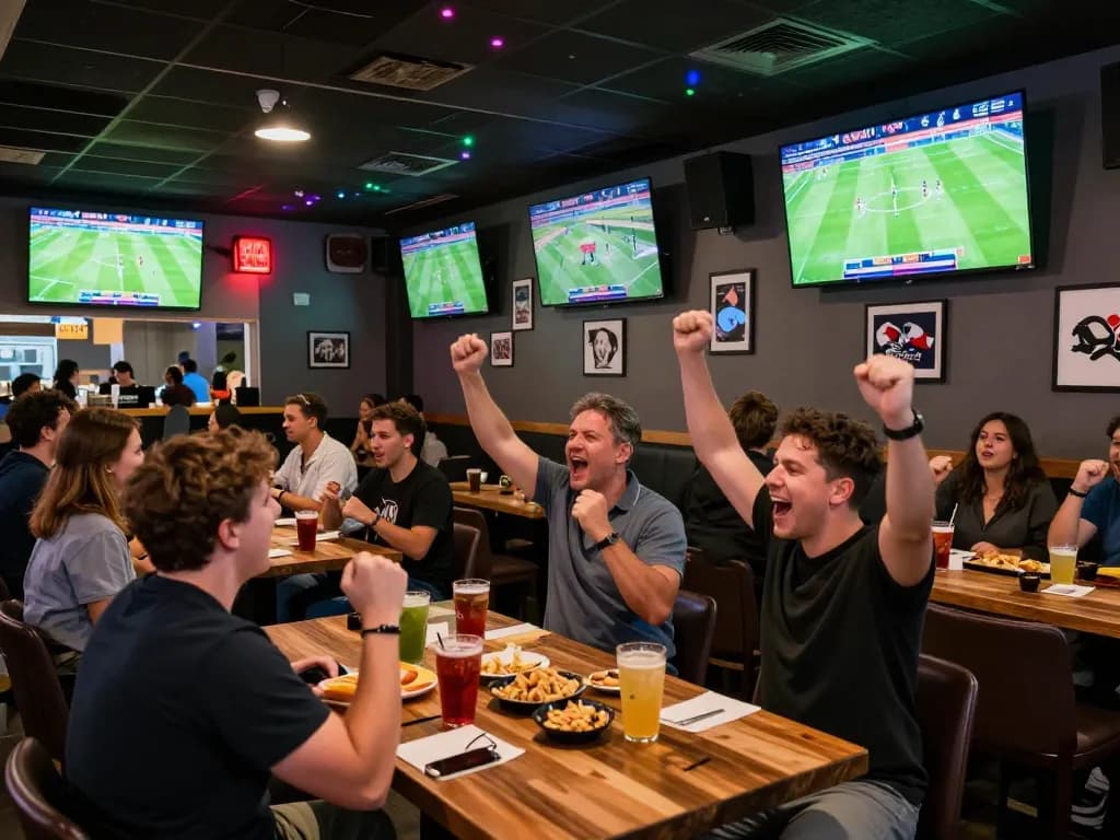 Fans enjoying live football matches at https://cakhiatv.design/ sports bar, emphasizing excitement and camaraderie
