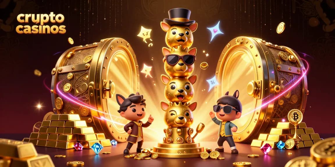 Découvrez la magie des crypto casinos avec ce totem coloré entouré de trésors scintillants.