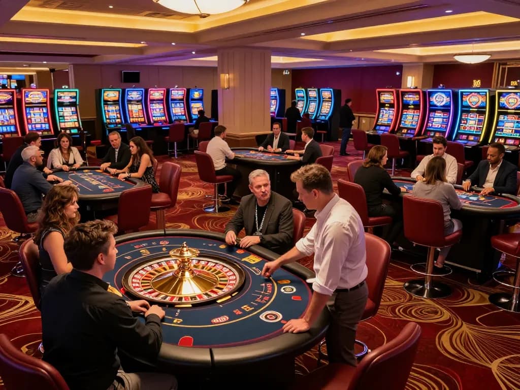 Canada online casinos reddit players engaged at a vibrant roulette table in a luxurious casino.
