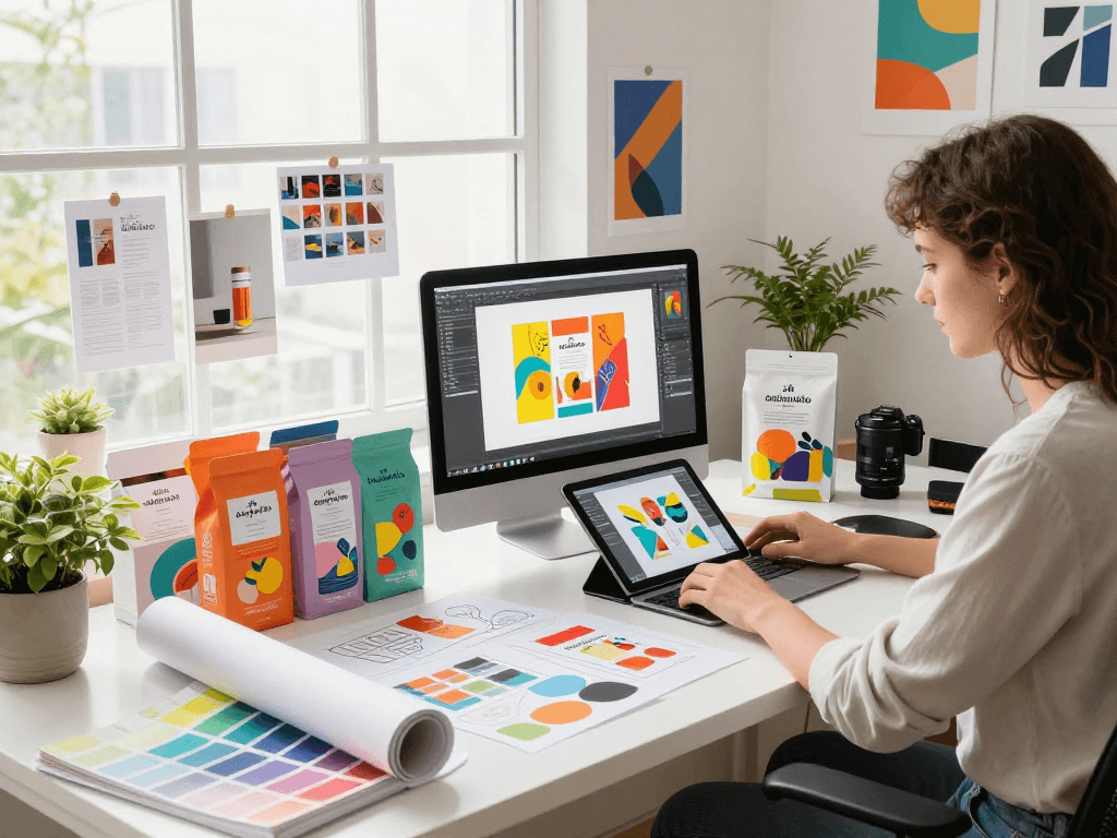 Desain studio kemasan dinamis dengan desainer fokus pada produk delapantoto dan sketsa warna yang menginspirasi.